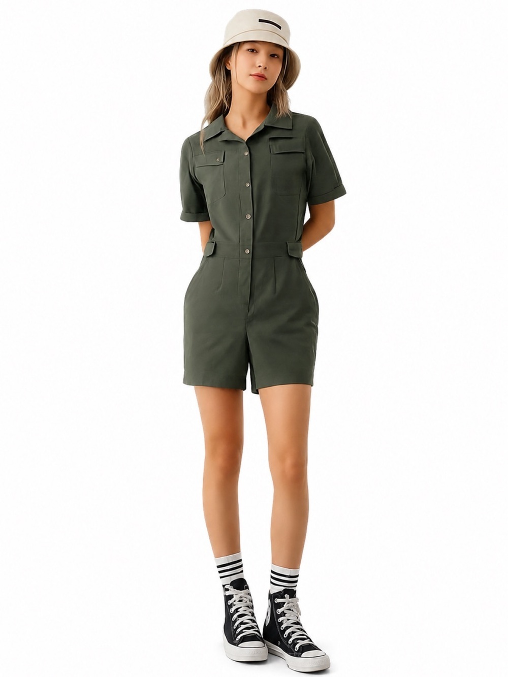 NWT! JOHAN Athletic Utility Romper In Olive Green Size Medium